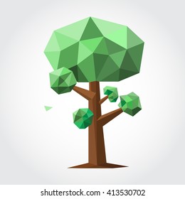 Low poly tree with green leaf and brown trunk. Isolated on white backdrop. Vector illustration.