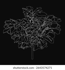 Low poly tree illustration in black and white, composed of geometric shapes and intricate lines. The design stands out against a solid black background, creating a striking contrast.