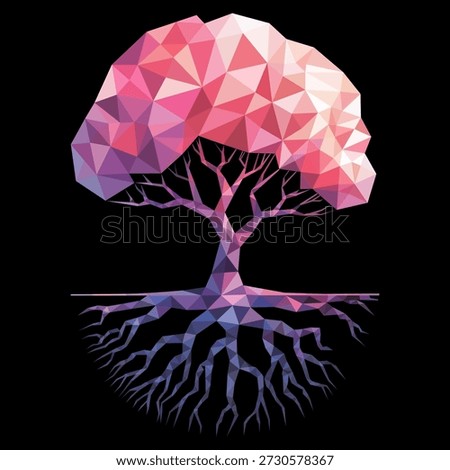 Low Poly Tree of Life with Roots on Black Background