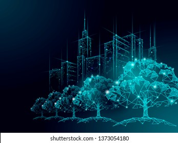 Low poly tree park cityscape. Ecology save nature concept. Eco idea forest in urban skyscrape city. Environmental pollution poster template vector illustration