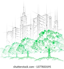 Low poly tree park cityscape. Ecology save nature concept. Eco idea forest in urban skyscrape city. Environmental pollution poster template vector illustration