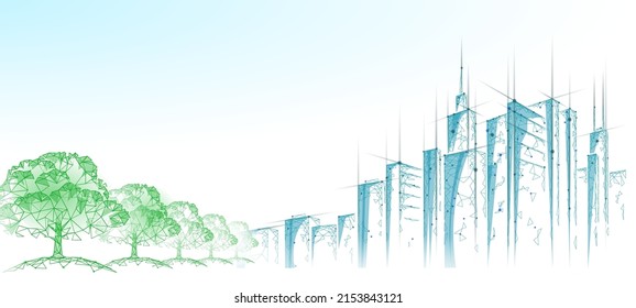 Low poly tree park cityscape. Ecology save nature concept. Eco idea forest in urban skyscrape city. Environmental pollution poster template vector illustration