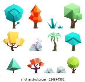 Low poly trees and rocks grass icons set vector illustration