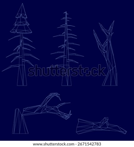 Low poly trees with wireframe designs stand symmetrically against a vibrant blue background. Each tree features unique geometric shapes and clean white outlines for contrast.