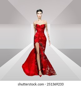 Low poly trendy vector fashion model in red dress illustration on podium. Abstract polygonal collection