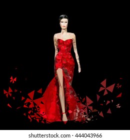 Low poly trendy vector fashion model in red dress illustration on podium. Abstract polygonal collection
