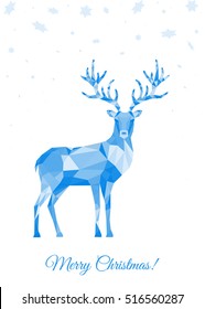  Low poly triangle deer. Christmas greeting card with blue polygon  reindeer  on white background. Vector illustration in origami style.