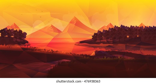 Low poly triangle geometrical background with mountain range over sunset. Vector illustration.