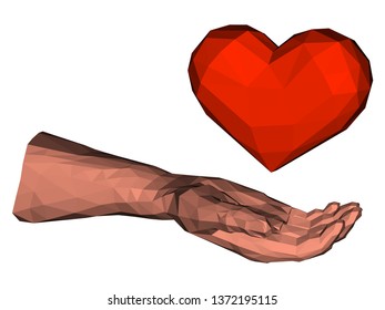 Low poly triangle heart in polygonal hand to express love emotion on valentines day