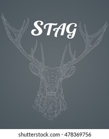 Low poly triangulalr wireframe graphic of stag head on gray background