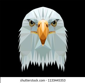 Low poly triangular 
bald eagle head on dark background, symmetrical vector illustration EPS 10 isolated.  Polygonal style trendy modern logo design. Suitable for printing on a t-shirt.