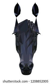 Low poly triangular black horse head on white background, vector illustration isolated.  Polygonal style trendy modern logo design. Suitable for printing on a t-shirt.