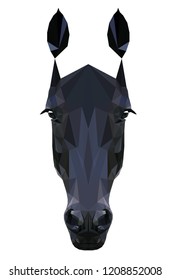 Low poly triangular black horse head on white background, vector illustration isolated.  Polygonal style trendy modern logo design. Suitable for printing on a t-shirt.