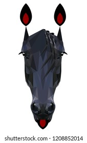 Low poly triangular black horse head with tongue on white background, vector illustration isolated.  Polygonal style trendy modern logo design. Suitable for printing on a t-shirt.