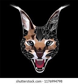 Low poly triangular caracal (lynxlike cat) face on black background, symmetrical vector illustration EPS 10 isolated.  Polygonal style trendy modern logo design. Suitable for printing on a t-shirt.