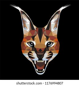 Low poly triangular caracal (lynxlike cat) face on black background, symmetrical vector illustration EPS 10 isolated.  Polygonal style trendy modern logo design. Suitable for printing on a t-shirt.