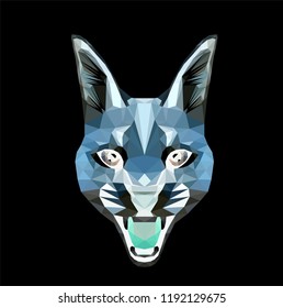 Low poly triangular caracal (lynxlike cat) face on black background vector illustration.  Polygonal style trendy modern logo design. Suitable for printing on a t-shirt.