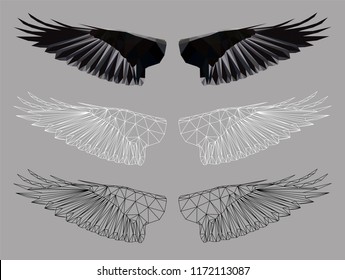 Low poly triangular crows' wings on grey background, symmetrical vector illustration EPS 8 isolated.  Polygonal style trendy modern logo design. Suitable for printing on a t-shirt.