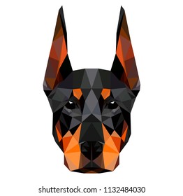 Low poly triangular dog doberman face on white background, symmetrical vector illustration EPS 10 isolated.  Polygonal style trendy modern logo design. Suitable for printing on a t-shirt.