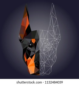 Low poly triangular dog doberman face on dark background,  vector illustration EPS 10 isolated.  Polygonal style trendy modern logo design. Suitable for printing on a t-shirt.