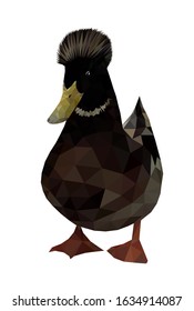 Low poly triangular duck on white background, vector illustration isolated.  Polygonal style trendy modern logo design. Suitable for printing on a t-shirt.