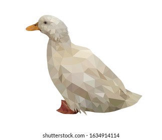 Low poly triangular duck on white background, vector illustration isolated.  Polygonal style trendy modern logo design. Suitable for printing on a t-shirt.