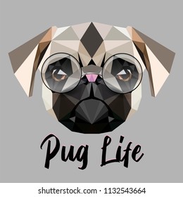 Low poly triangular little cute pug (pug-dog) spectacled face, vector illustration EPS 10 isolated.  Polygonal style trendy modern logo design. Suitable for printing on a t-shirt. "Pug life" slogan.