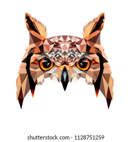 Low poly triangular owl face on white background, symmetrical vector illustration EPS 10 isolated.  Polygonal style trendy modern logo design. Suitable for printing on a t-shirt or sweatshirt.
