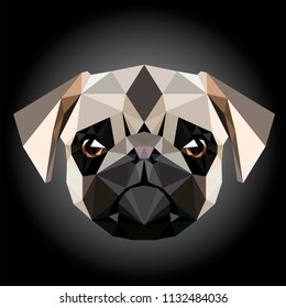 Low poly triangular pug (pug-dog) face on dark background, symmetrical vector illustration EPS 10 isolated.  Polygonal style trendy modern logo design. Suitable for printing on a t-shirt.