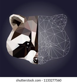 Low poly triangular raccoon face on dark background, vector illustration EPS 10 isolated.  Polygonal style trendy modern logo design. Suitable for printing on a t-shirt.