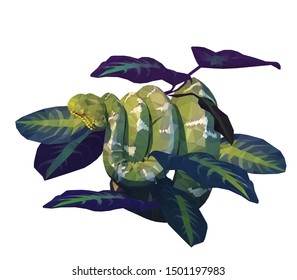 Low poly triangular snake in the leaves on white background. Polygonal style trendy modern logo design. Suitable for printing on a t-shirt.