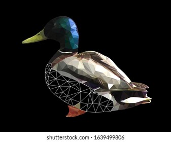 Low poly triangular and wireframe duck on black background, vector illustration isolated.  Polygonal style trendy modern logo design. Suitable for printing on a t-shirt.