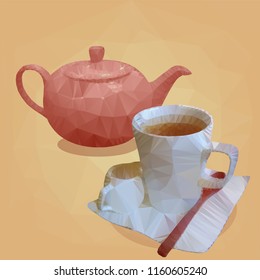 low poly triangulated style red teapot and white cup of tea on yellow background