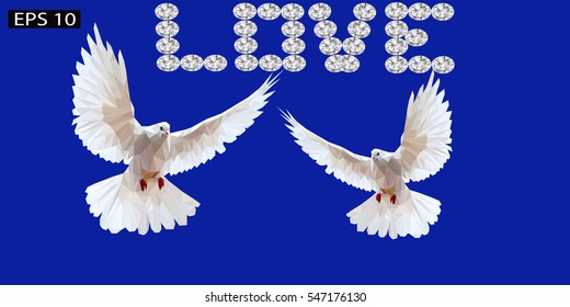 Low poly Two white doves flying in the sky. Vector.  two white doves on a blue background, inscription love in the style of jewels Low Poly, the word love diamond. Concept card for valentines day.