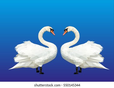 Low poly Two white  swans. Vector Illustration. Eps 10. two white swans on a blue background.Symbol of loyalty and love.