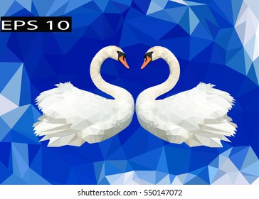 Low poly Two white  swans swim . Vector Illustration. Eps 10. two white swans on a blue background.