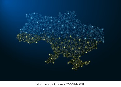 Low poly Ukraine map in blue yellow Ukrainian flag colors. Ukraine map made by low polygonal wireframe mesh on blue background. Vector.