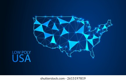 Low Poly USA Map with Glowing Dots – Futuristic Digital Technology Style on Blue Background