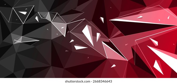 Fundo abstrato vetor baixo poli, superfície poligonal escura 3D e partículas voando no caos, estrutura triangular e detritos em decadência, ciência e tecnologia.
