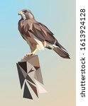 Low poly Vector animal of an eagle in high details. With light blue and brown color background. EPS 10. Ideal for illustration, wall decoration or t-shirts.