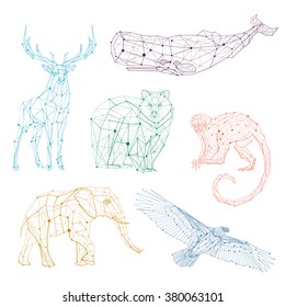 Low poly vector animals set:  stylized linear wire construction. Abstract polygonal geometric illustration