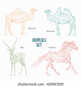 Low poly vector animals set: stylized linear wire construction concept. Polygon outline isolated illustrations, geometrical triangles, linear connection. Animals of Arabian countries