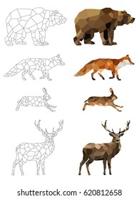 Low poly vector animals set: (bear, fox, hare, deer) on a transparent background. Abstract polygonal geometric illustration. Set of outline animals. Set of polygonal animals icons, logo.