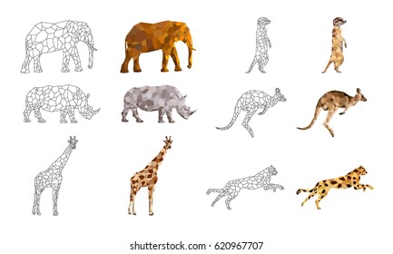 Low poly vector animals set: (elephant, rhino, giraffe, meerkat (suricate), kangaroo, leopard) on a transparent background. Abstract polygonal geometric illustration. Set of outline animals.