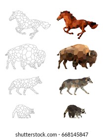 Low poly vector animals set: (horse, bison, wolf, raccoon) on a transparent background. 
Abstract polygonal geometric illustration. Set of outline animals. Set of polygonal animals icons, logo.