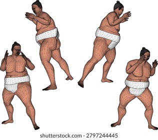 Low poly vector art character set of a heavyweight sumo match athlete preparing for combat in traditional Japanese martial arts style isolated on white background