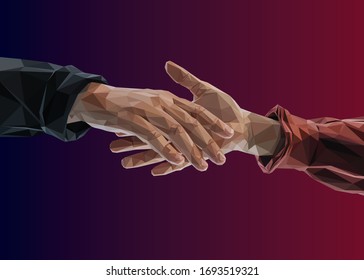 Low poly vector art of color handshaking hands in high details. Triangle geometric illustration. Abstract polygonal art. With dark blue-red gradient background. For illustration, posters or t-shirts.