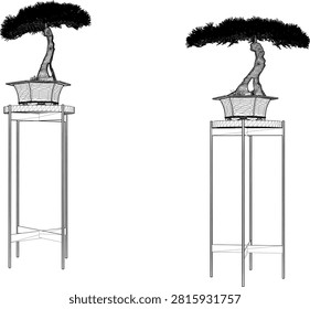 Low poly vector art illustration of an oriental dynamic miniature bonsai tree plant on an elegant tall wood table for zen garden interior decoration
