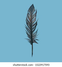 Low poly vector of a black feather. Front view. With blue background. EPS 10.
