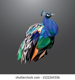 Low poly vector of a blue peacock. Right view. With dark background.